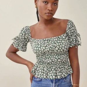 Reformation Solis Off-shoulder Top Floral Green